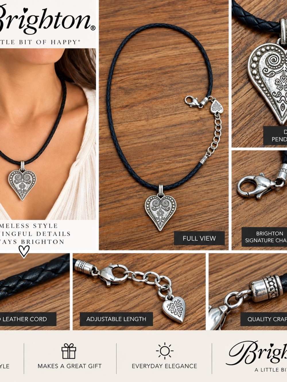 Brighton Black Leather Cord Necklace with Silver Heart Pendant